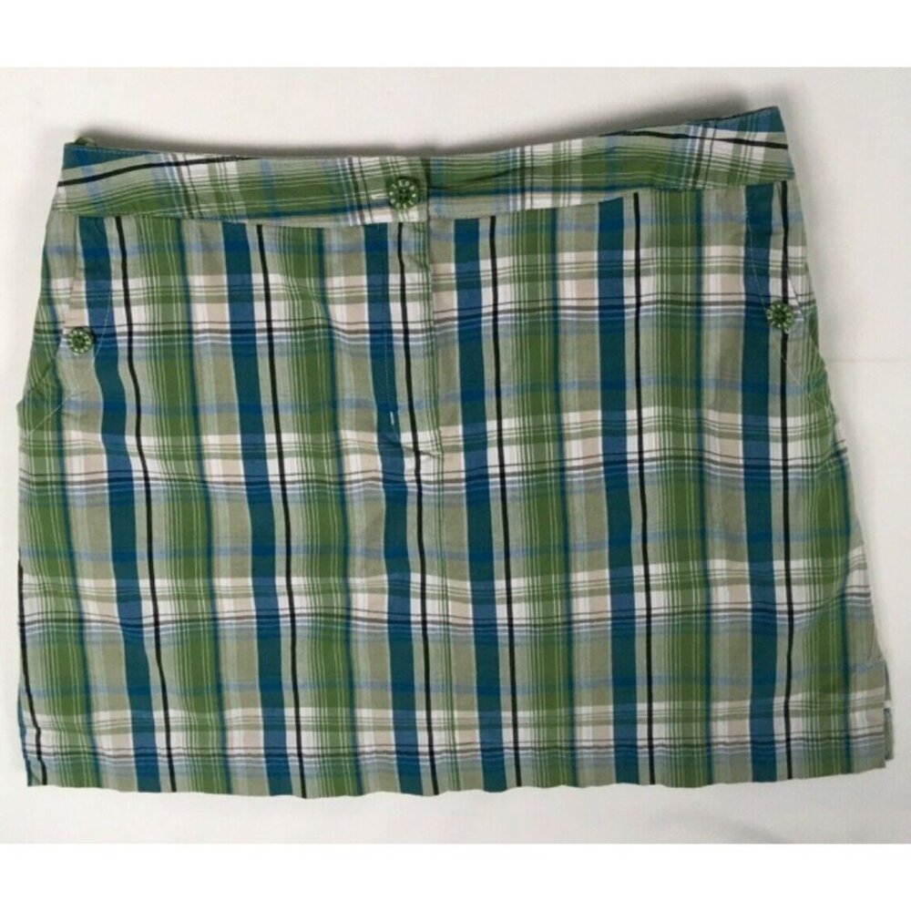 Izod Womens Skirt Size 10 Green Blue White Plaid Front Pockets Front Zip Buttons